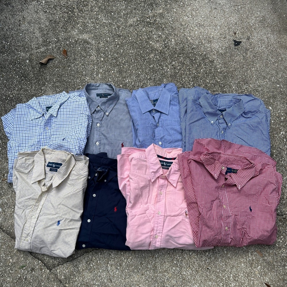 8pc Bundle Polo Ralph Lauren Mens Button Down Shirt L XL Gingham Oxford Plaid